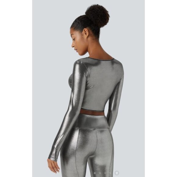 Halara Softlyzero Faux Leather Deep V Neck Cropped Meta Top Sz XL Crossover Hem - Picture 2 of 10